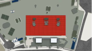 Grafik zeigt Teile des W:O:A Infields mit den beiden Hauptbühnen, den FOH Tower und die hier in rot gekennzeichnete Lage der Platten im vorderen Bereich der Zuschauenden – Sicht von oben